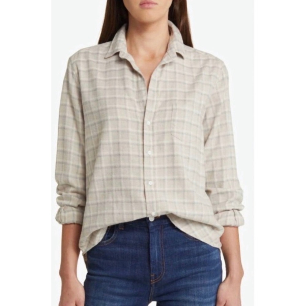 Frank & Eileen Eileen Shirt Womens XS Beige Plaid Flannel Cotton Relaxed Top